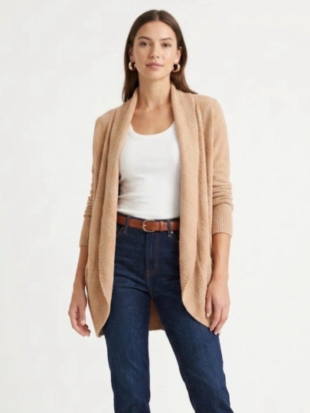 Cozy Open-Front Shawl Collar Cardigan - Cream